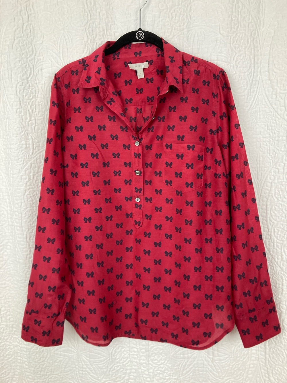 J.Crew Red Bow Print Cotton Silk Popover Blouse sz 12